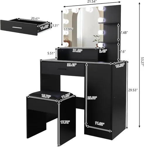 Vista 2 de Juego de tocador grande, mesa de maquillaje iluminada con taburete de tocador, tocador de maquillaje con luces, escritorio de maquillaje