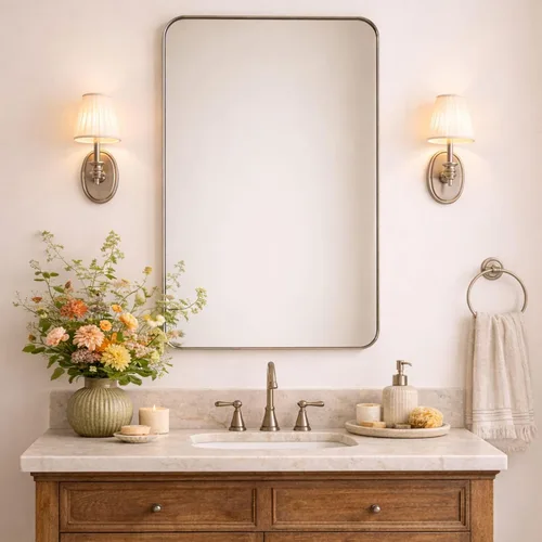 Vista 13 de GRACTO Espejo de baño con marco de metal de acero inoxidable de níquel cepillado de 20 x 30 pulgadas para montar en la pared, espejo rectangular