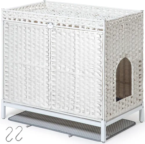 Vista 14 de SETVSON Caja de Arena para Gatos para 2 Gatos, Mueble Oculto de Caja de Arena con Alfombra, Casa Grande de Ratán para Gatos con Habitación Doble