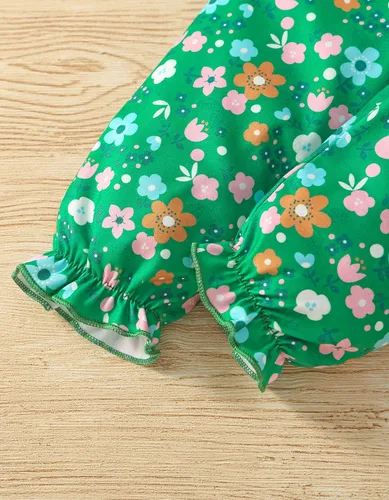 Vista 6 de Fullfamous Conjunto de mameluco y pantalón de manga larga con volantes para niña de 3 piezas