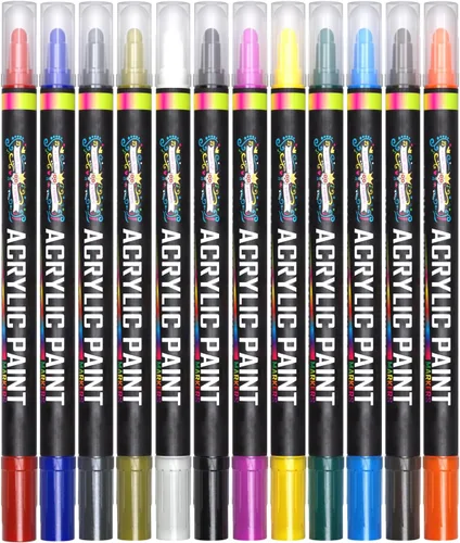 Vista 2 de Marcadores de pintura acrílica de doble punta (paquete de 12) – Marcadores acrílicos para rocas – Bolígrafos de pintura acrílica audaz punta fina