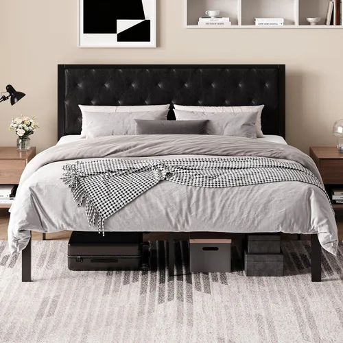 Vista 11 de SHA CERLIN Base de cama de plataforma tamaño individual con estructura de metal, cabecero tapizado de cuero PU con botones, base de colchón con 31.5