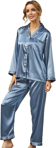 Vista 2 de Conjunto de pijama de seda para mujer, conjunto de pijama de manga larga de dos piezas, conjunto de pijama con botones, ropa de dormir