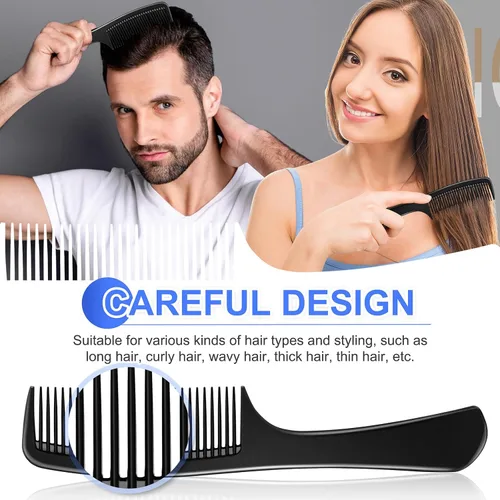 Vista 2 de Peine profesional de 3 piezas, juego de peine de fibra de carbono negro premium para cortar y peinar, peines de peluquería de dientes finos y anchos