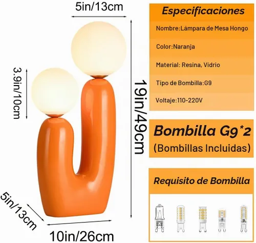 Vista 2 de Lámpara de mesa moderna naranja en forma de cactus con 2 luces, lámpara de seta, esfera de leche blanca de vidrio, lámparas de mesa bonitas