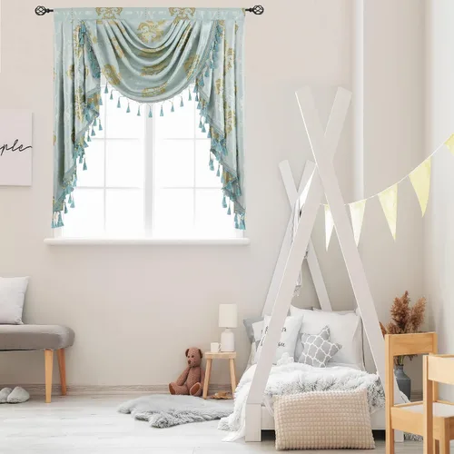 Vista 2 de Cenefa de cascada de damasco jacquard, aguamarina, 39 pulgadas de ancho, 1 panel Damask Waterfall Valance, Rod Pocket with Tassels Valance, For