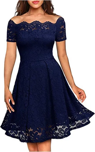 Vista 2 de FOVIGUO Vestido corto formal de encaje para mujer, con hombros descubiertos, tallas grandes, hasta la rodilla, vestido de dama de honor