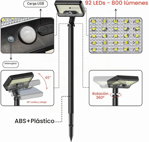 Vista 3 de Tryme Luces Solares con Sensor de Movimiento para Exteriores Impermeables 92 LEDs Luces Brillantes para Senderos con Ángulo Ajustable y 3 Modos