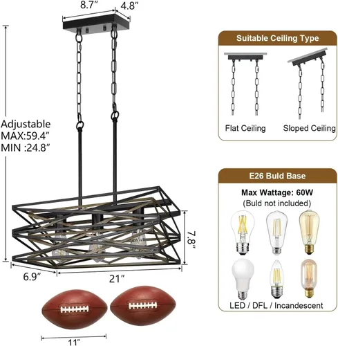 Vista 5 de Sigaitwei Lámpara de comedor de granja de 21 pulgadas, iluminación de isla de cocina de 3 luces, lámpara industrial para comedor, sobre mesa