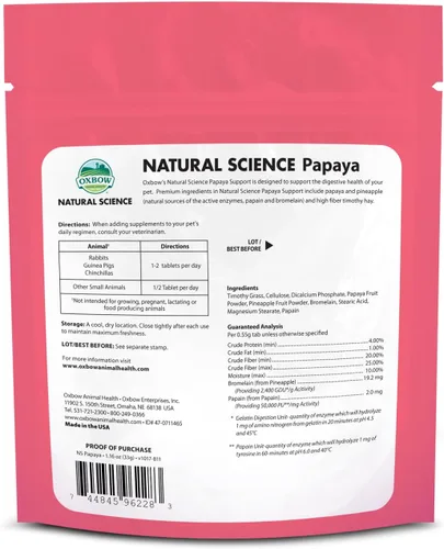 Vista 2 de Oxbow Soporte de papaya, suplemento digestivo de alta fibra para conejo y cobaya, fabricado con heno Timothy, incluye papaya, piña, papaína
