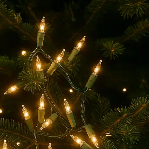 Vista 3 de Novelty Lights 11 pies 50 bombillas Luces mini tradicionales incandescentes, transparentes en cable verde con espaciado de 2.5", grado comercial