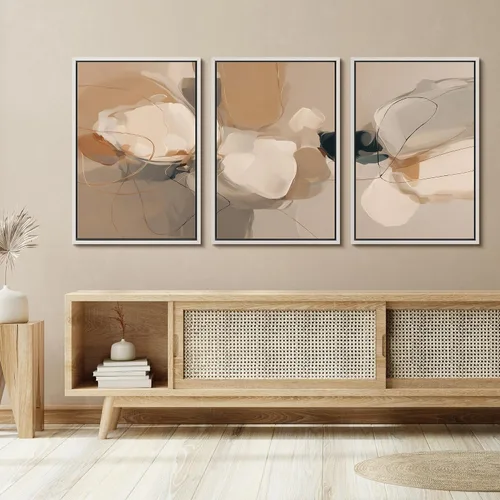 Vista 81 de SIGNFORD - Set de obras de arte en lienzo enmarcado para pared, ilustraciones abstractas de neblina del desierto en tonos neutros beige y marrón