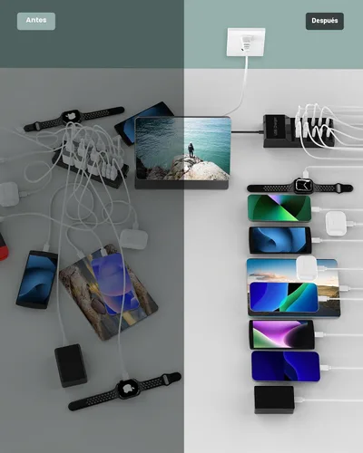 Vista 5 de Bloque de Cargador USB C Estación de Carga USB-C de 10 Puertos 6 Puertos USBC y 4 Puertos USB-A Total 50W Tira de Enchufes USB para Múltiples