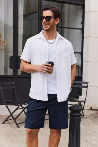 Vista 3 de COOFANDY Pantalones cortos cargo de sarga de algodón para hombre, con cordón elástico, cintura elástica, casual, con 5 bolsillos