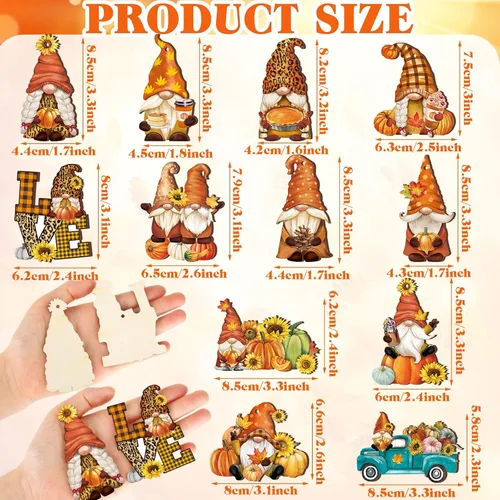 Vista 2 de FairySandy 36 piezas de decoración y adornos de árbol de otoño, gnomos de Acción de Gracias, adornos colgantes de madera, calabazas, hojas, flores