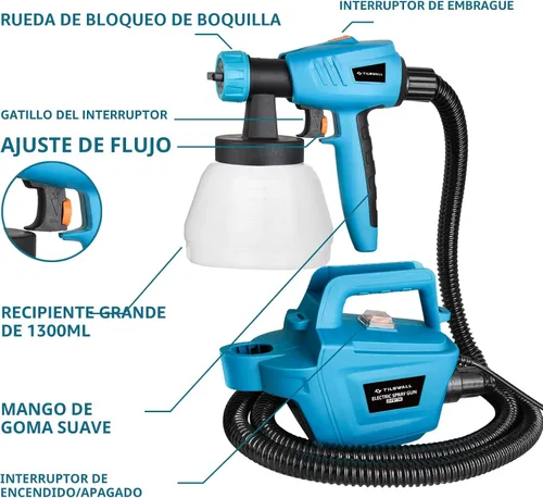 Vista 4 de Tilswall Pulverizador de pintura, 800 W HVLP 1200 ML/Min pistola de pintura eléctrica con manguera de aire de 2.5 M, recipiente desmontable de 44.0