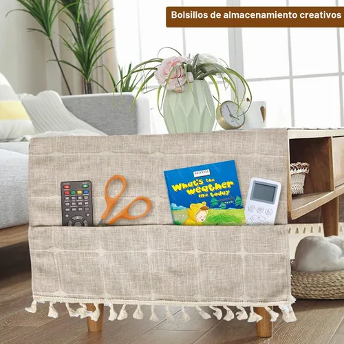 Vista 4 de Funda para mesa auxiliar con bolsillos y borlas, rectangular a rayas Beige