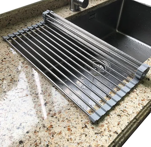 Vista 8 de Tomorotec Escurridor de platos enrollable, estante de secado de platos sobre el fregadero, estante portátil de acero inoxidable con ruedas multiusos