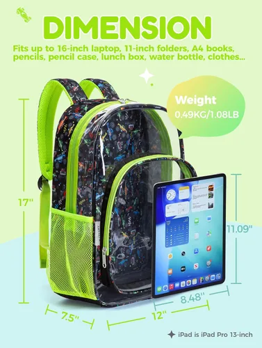 Vista 3 de BLUEFAIRY Mochila transparente para estadio escolar, mochila transparente de PVC resistente, grande, bolsa transparente, Verde, Moderno