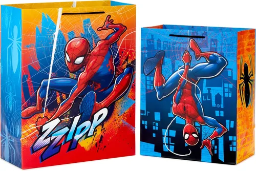 Vista 5 de Hallmark Bolsas de regalo de Spider-Man de Marvel (2 bolsas: 1 grande de 13 pulgadas, 1 extra grande de 15 pulgadas) para cumpleaños, Halloween