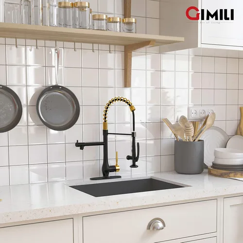 Vista 6 de GIMILI Grifo de cocina negro y dorado con rociador desplegable Grifo de fregadero de cocina de alta presión de una sola manija Grifos de cocina