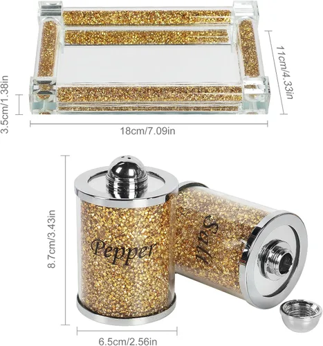 Vista 5 de Juego de saleros y pimenteros de cristal con bandeja, decoración de casa de diamantes triturados de cristal brillante para cocina, tarro de sal