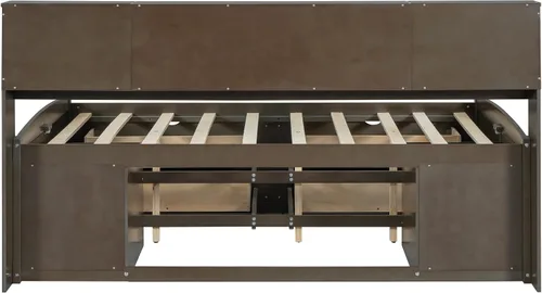 Vista 8 de DEINPPA Cama capitán completa con cabecera de almacenamiento, sofá cama matrimonial con cajones y armarios, marco de cama de plataforma de madera