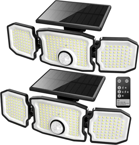 Vista 13 de Luces solares impermeables para exteriores, 2800 lm, 200 luces LED con sensor de movimiento, 3 cabezales y 3 modos de luces de inundación, luces