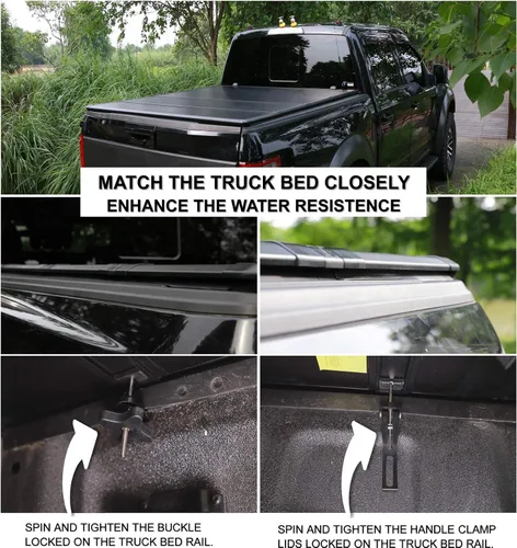 Vista 8 de Mamoru Cubierta rígida Tri Fold de 5'7" Tonneau para Nissan Titan 2004-2015 FRP Cubierta de caja de camión Ajuste para el sistema de riel
