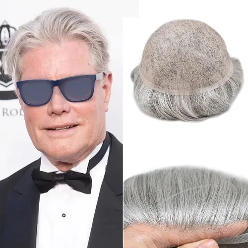 Vista 90 de Toupee para hombres Piezas de cabello humano real, encaje francés completo para hombres, pieza de cabello, nudos blanqueados, línea capilar natural