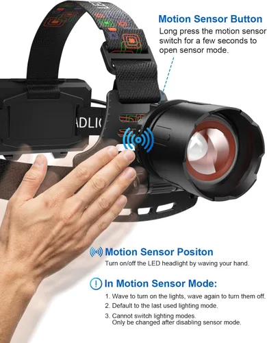 Vista 6 de Linterna frontal recargable con luz de doble color y sensor de movimiento, 1000 lúmenes, linterna de cabeza súper brillante, IPX6 impermeable
