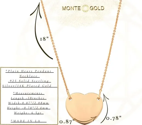 Vista 2 de Monte Gold Collar de corazón Collar de corazón de plata de ley 925 de 18 pulgadas chapado en oro de 14 quilates y oro rosa Collares para mujer