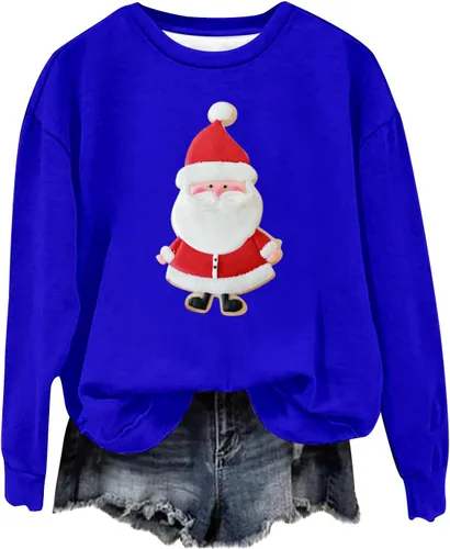 Vista 6 de Sudadera gráfica dibujos animados Santa para mujer, sudaderas cuello redondo, estampado 3D, mangas caídas, jersey