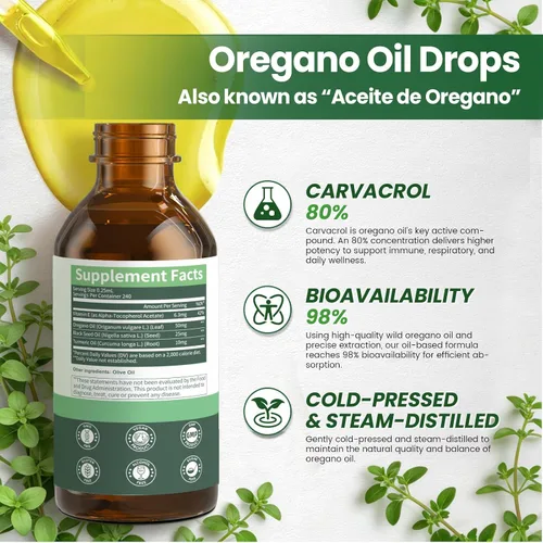 Vista 6 de Aceite de orégano con aceite de semilla negra, gotas de aceite de orégano 4 en 1 con aceite de cúrcuma y vitamina E, 80% Carvacrol, inmune
