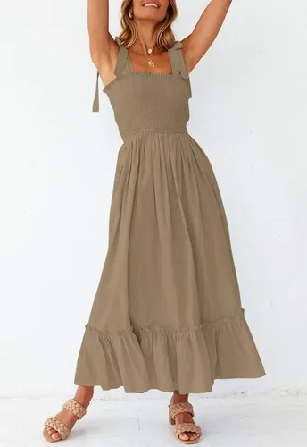 Vista 7 de ZESICA vestido bohemio y liso de verano para mujer acampanado con tirantes delgados cuello cuadrado y volantes vestido largo para la playa