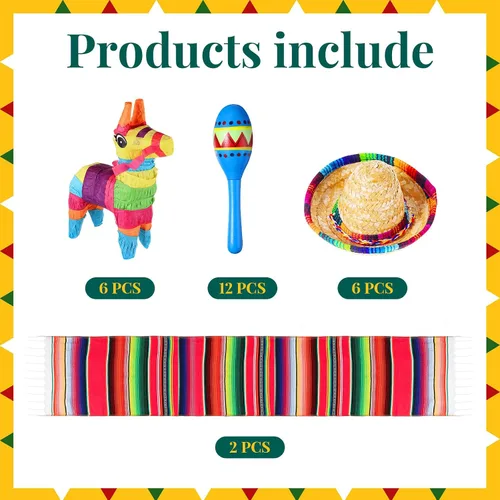 Vista 2 de Libima 26 decoraciones de fiesta mexicanas incluyen 6 burros, 12 maracas grandes para fiestas, 2 caminos de mesa de serape, 6 sombreros