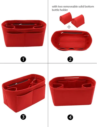 Vista 2 de Organizador de fieltro para bolso, bolsillo con cremallera y dos soportes extraíbles para botellas, Beige, rojo, negro, gris, café, rosa iluminado