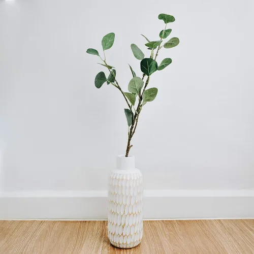Vista 5 de AeraVida Florero de madera de mango teñido blanco de 10 pulgadas, diseño de gotas de lluvia, jarrón de madera de árbol de mango, jarrón de mesa