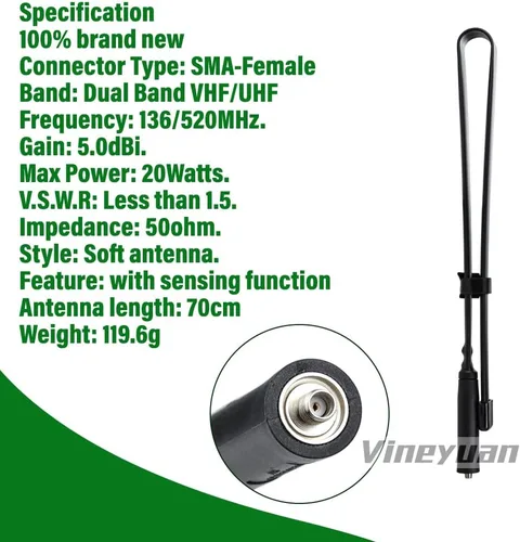 Vista 5 de Antena táctica CS plegable 27.6 in/27.56 pulgadas SMA-hembra doble banda VHF UHF 136/520Mhz para Kenwood BaoFeng UV-5R UV-82 BF-888S Retevis H777