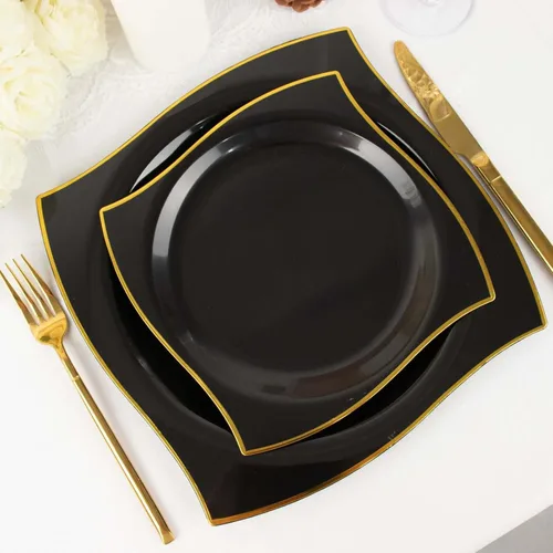 Vista 10 de Efavormart - Paquete de 10 platos cuadrados de postre de plástico con borde ondulado blanco y dorado de 8 pulgadas, elegante vajilla desechable
