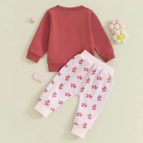 Vista 3 de Conjunto de ropa de otoño para bebé niña pequeña, sudadera sin botones y pantalones florales para invierno