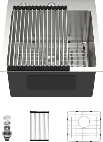 Vista 11 de Dcolora Fregadero de cocina empotrado de 25 pulgadas con grifo, fregadero pequeño de acero inoxidable de sobreponer, fregaderos de preparación
