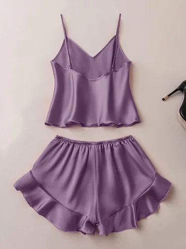 Vista 2 de SOLY HUX Conjunto de pijama sexy de satén de seda con volantes para mujer