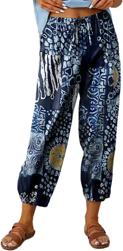 Vista 23 de Pantalones capri de cintura alta con cordón y botón de algodón suelto casual con bolsillos para mujer