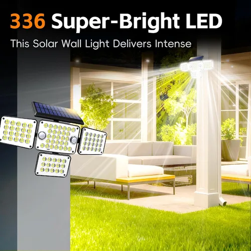 Vista 2 de Luces solares para exteriores 336 LED, luz de pared de seguridad con sensor de movimiento con control remoto, diseño ajustable de 4 cabezales