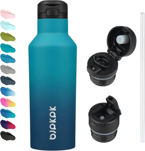 Vista 25 de BJPKPK Botella de agua aislada con pajilla, botellas de agua de acero inoxidable de 17 onzas con 2 tapas y asa de transporte, botella térmica