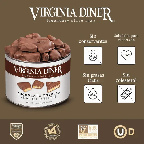 Vista 3 de Virginia Diner - Maníes gourmet clásicos cubiertos de chocolate con cáscara crujiente, lata de 16 onzas