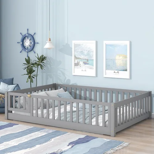 Vista 8 de Tatub Cama de suelo individual con barandillas de seguridad y puerta y listones, marco de cama Montessori de madera para niños y niñas, tamaño Gris