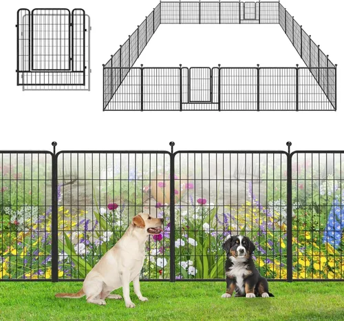 Vista 23 de Valla de Jardín con Puerta Cercado de Metal para Patio, 32 pulgadas x 23 pies 10 Paneles de Valla Sin Excavación Paneles de Valla Temporal