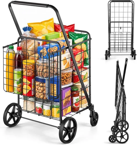 Vista 11 de VEVOR Carrito de compras plegable con forro impermeable extraíble, carrito de comestibles jumbo de gran capacidad de 330 libras con canasta doble